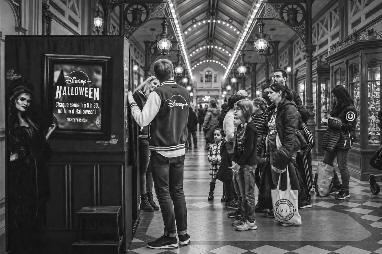 A nice black and white picture of a photobooth at Disneyland Paris