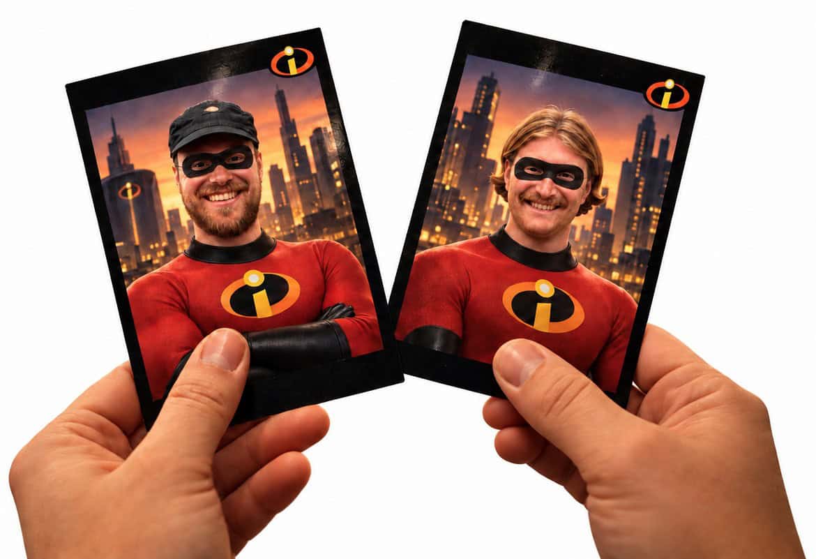 Two hands holding Incredibles photos