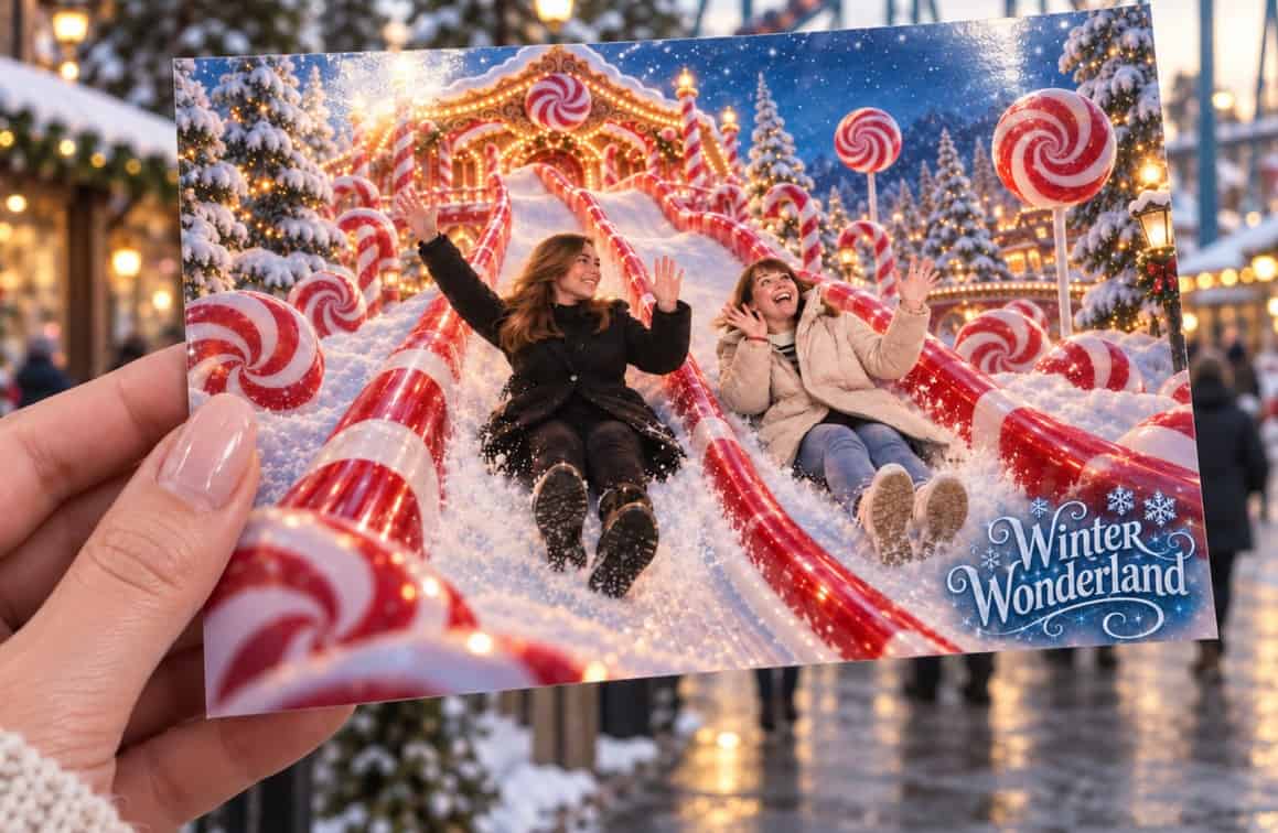 Someone holding a winter photoprint with a candy slide